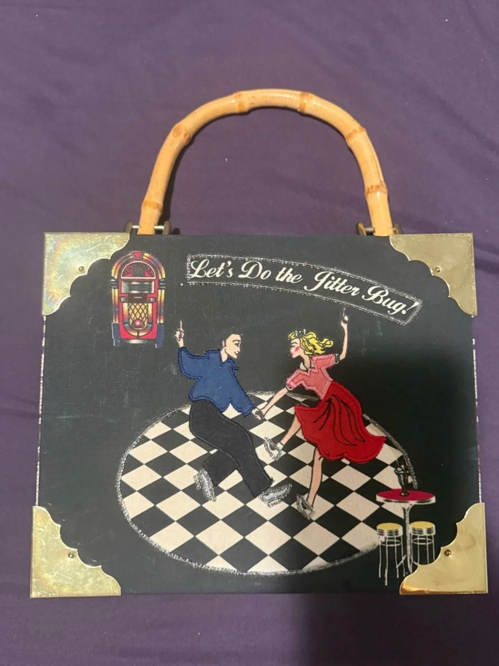 Vintage Cigar Box Purse Jitterbug Dancing Rockabilly Beaded Bamboo Handle Bag